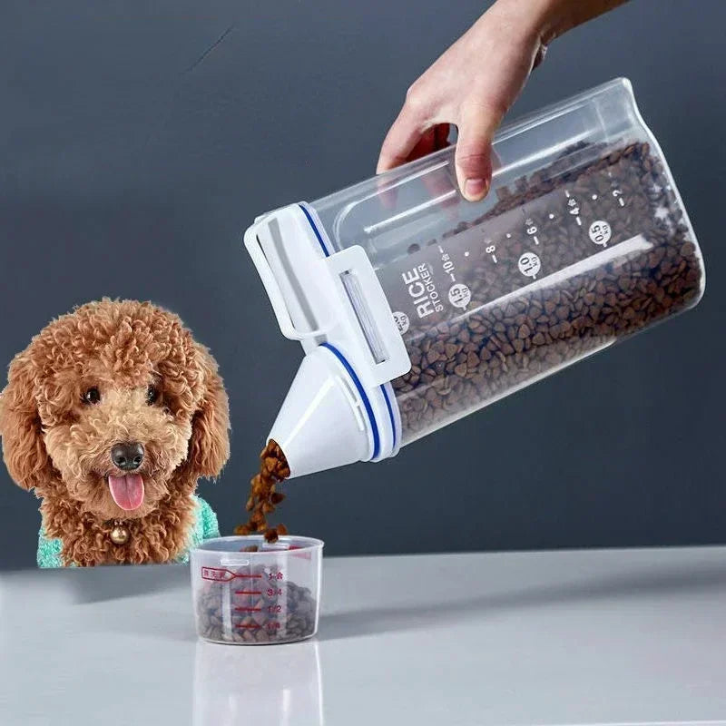 Cubo de comida para perros y gatos, tanque de almacenamiento de plástico con taza medidora, contenedor sellado a prueba de humedad, accesorios para suministros para mascotas, 1,5 kg/2kg