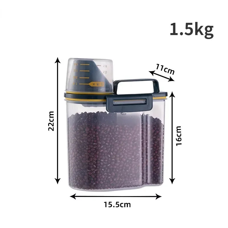 Cubo de comida para perros y gatos, tanque de almacenamiento de plástico con taza medidora, contenedor sellado a prueba de humedad, accesorios para suministros para mascotas, 1,5 kg/2kg
